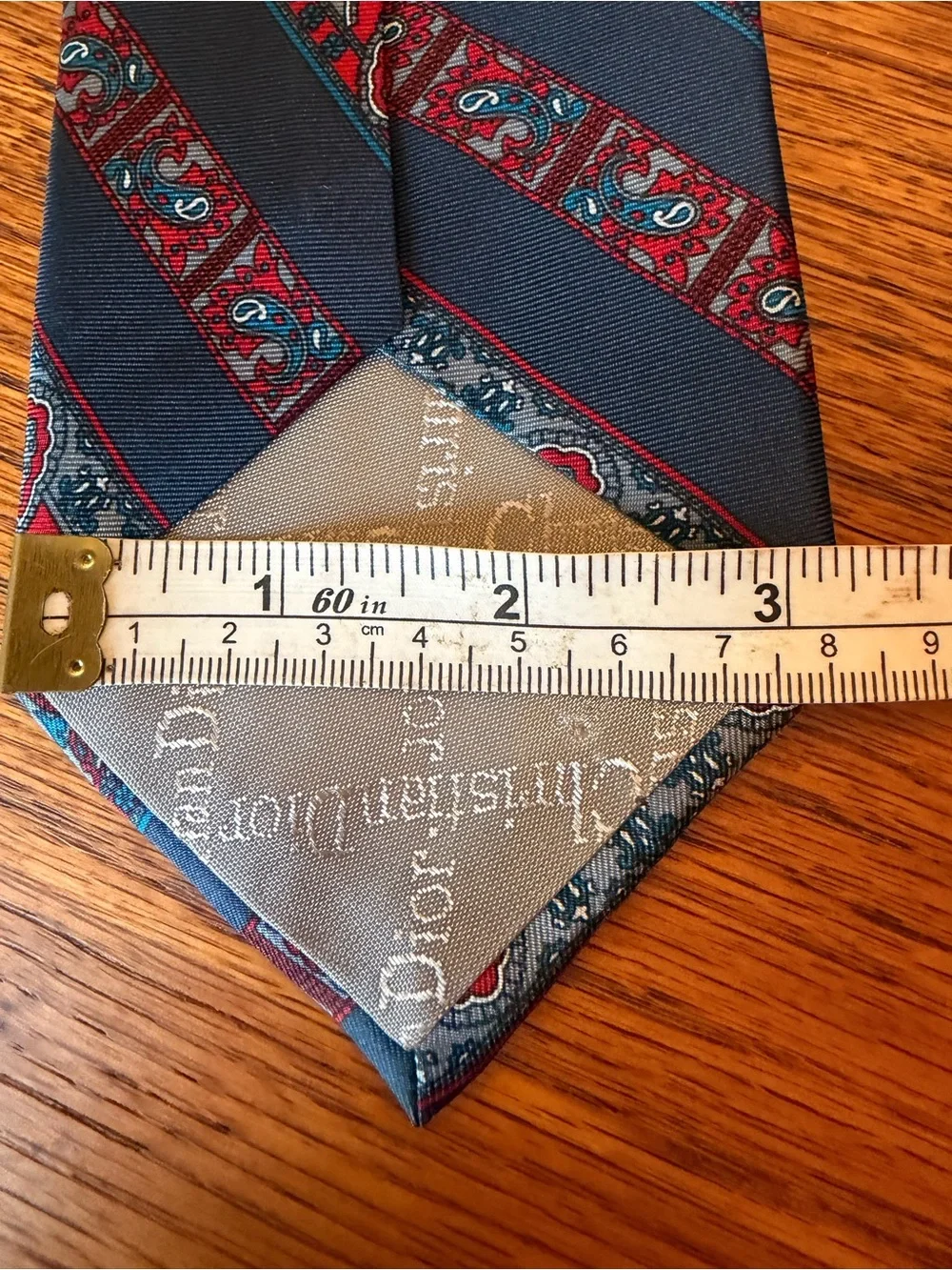 Dior Vintage Navy silk Tie with Red Paisley and Teal Accents